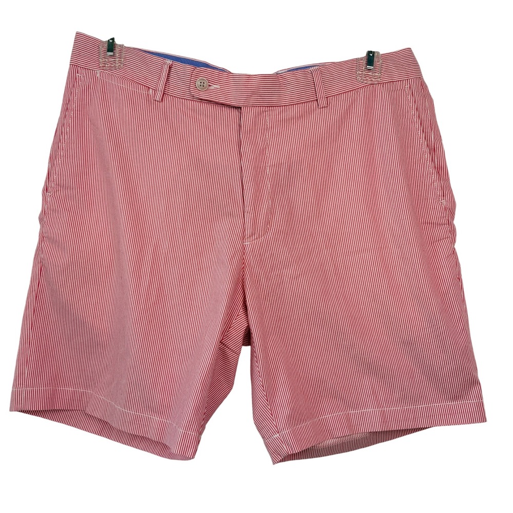 Peter Millar Seersucker Shorts Size 35 Pink/Red White Striped Flat Front Mens